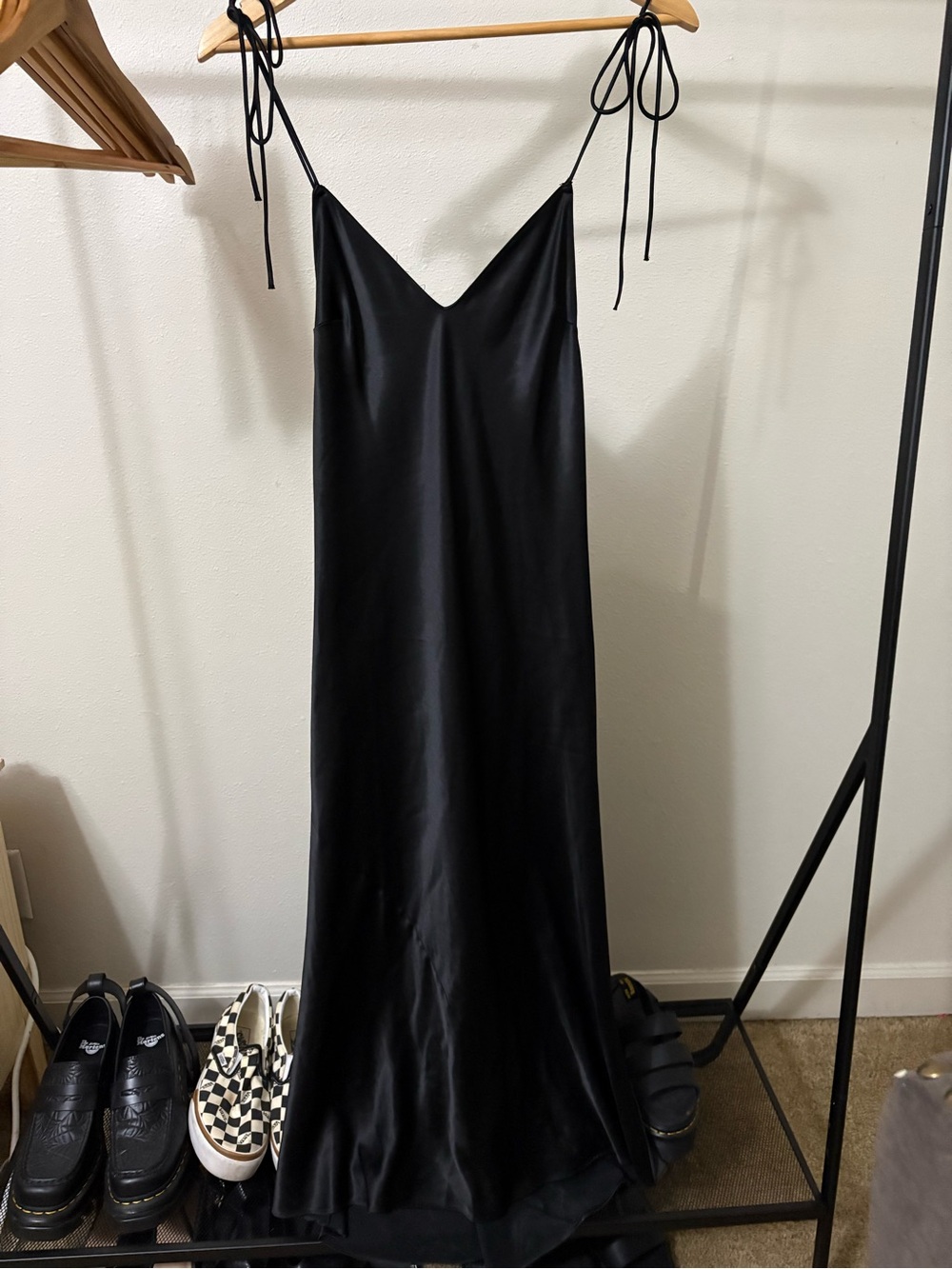 Victoria's Secret Black Satin Maxi Slip Dress with Tie Straps